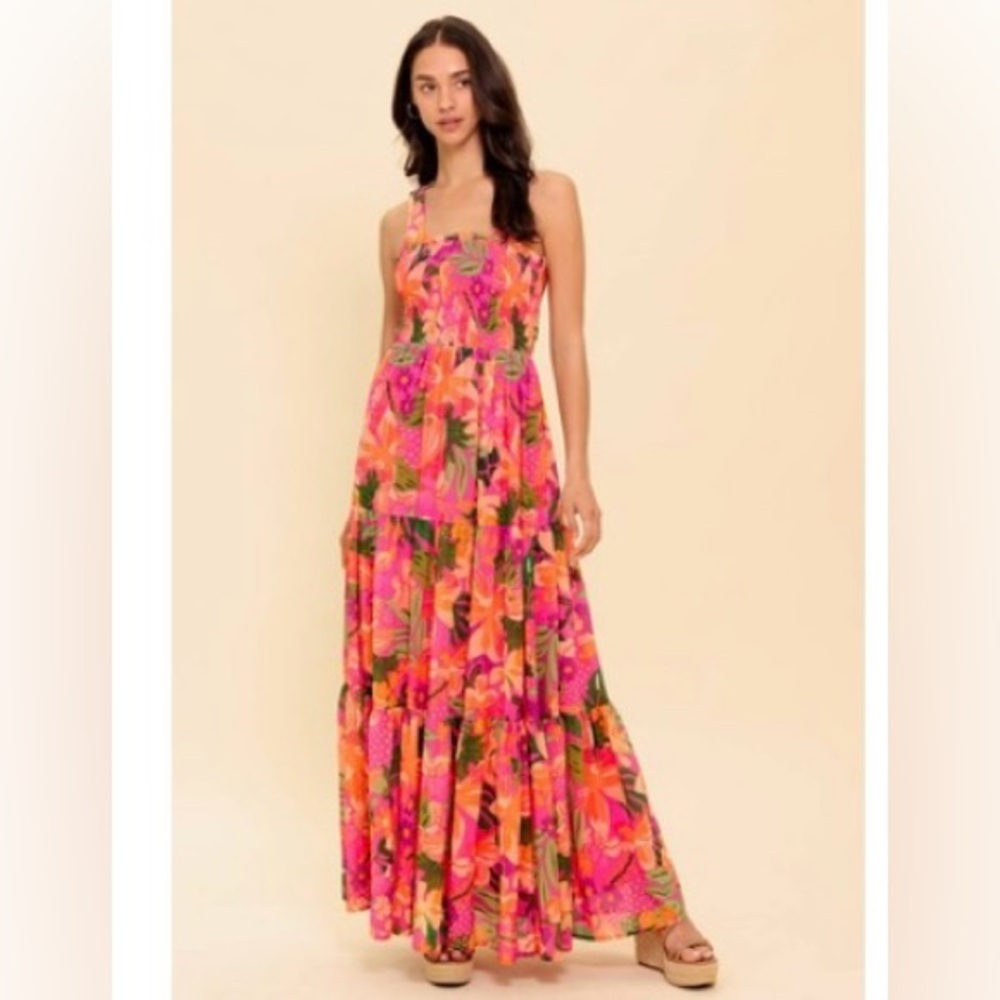 NWT! SUNRISE SOIREE WOVEN MAXI DRESS Cris Cross Tie Back High Quality